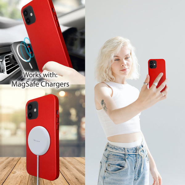 Genuine Leather Red iPhone 12 mini Case with Magnetic Ring for MagSafe Wireless Charging