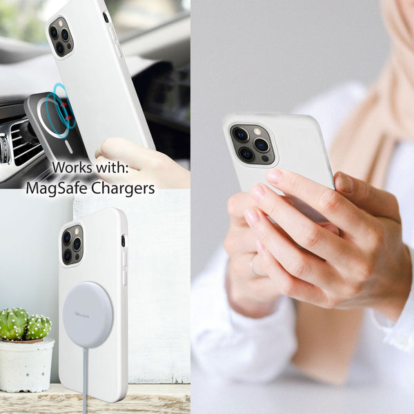 White iPhone 12 Pro Silicone Case with Magnetic Ring for MagSafe Wireless Charging