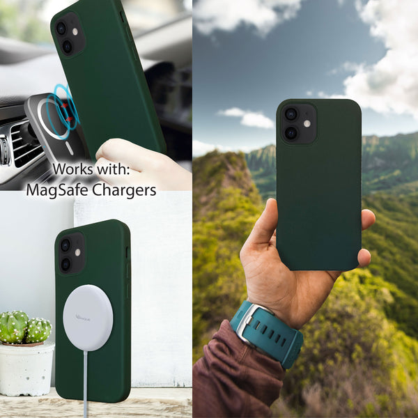Green iPhone 12 Silicone Case with Magnetic Ring for MagSafe Wireless Charging