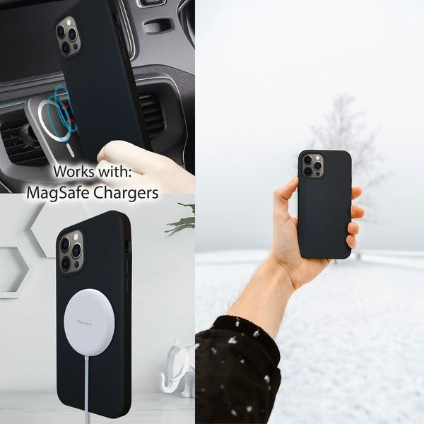 Black iPhone 12 Pro Max Silicone Case with Magnetic Ring for MagSafe Wireless Charging