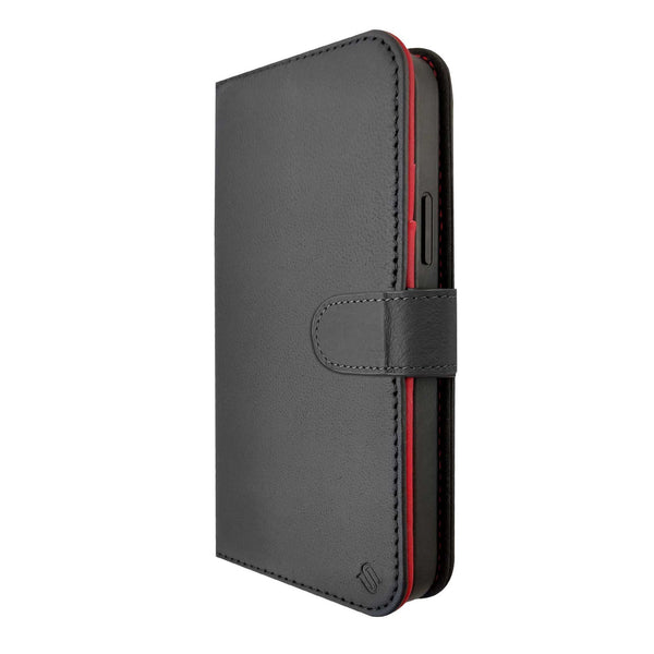 Black/Red Genuine Leather 2 in 1 Magnetic Wallet Case for iPhone 14 MagSafe Compatible